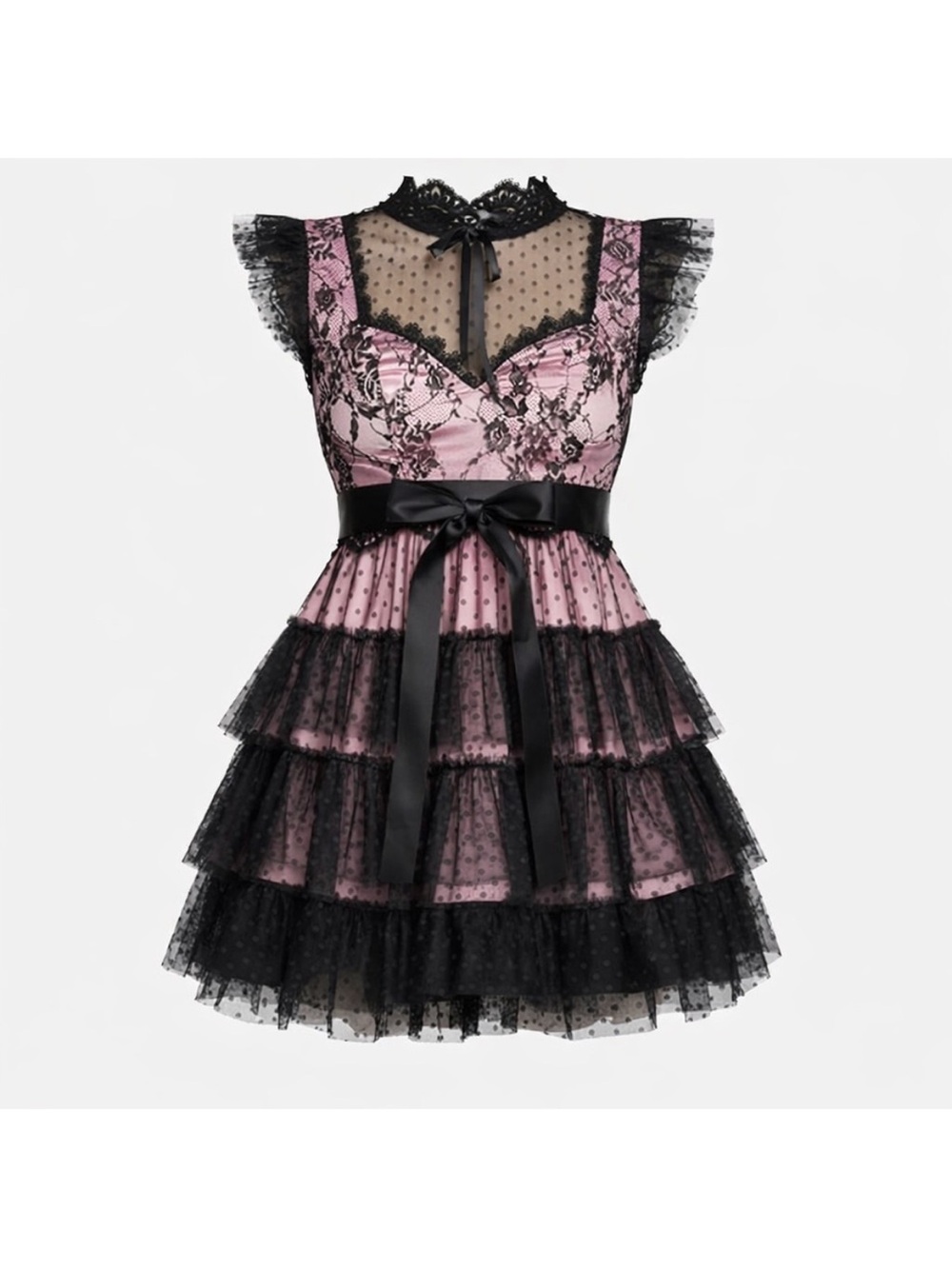 ISO Lace Tiered Pink & Black Party Dress with Satin Bow - Picture 2 of 6